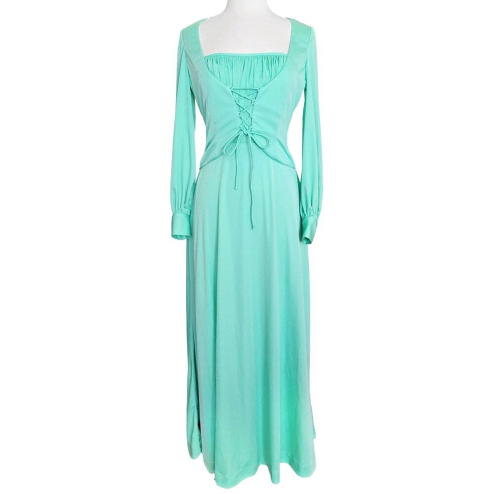 Vintage Eva Gabor Mint Green Maxi Dress Corset Bodice Renaissance Faire Gown Sm